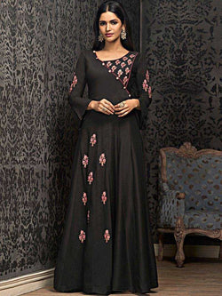 Black coloured Muslin Heavy Thread Embroidered Gown