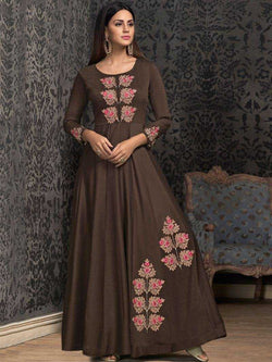 Dark Brown coloured Muslin Heavy Thread Embroidered Gown