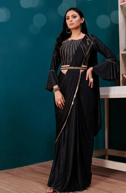 Readymade Black Lycra Ruffle Sleeves Saree