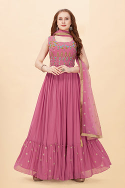 Baked Pink Faux Georgette Handwork Embroidery Gown with Dupatta