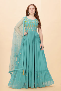 Sea Blue Faux Georgette Handwork Embroidery Gown with Dupatta