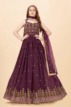 Wine Faux Georgette Handwork Embroidery Gown with Dupatta