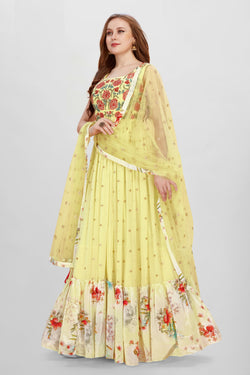 Yellow Faux Georgette Handwork Embroidery Gown with Dupatta