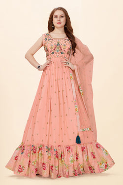 Peach Faux Georgette Handwork Embroidery Gown with Dupatta