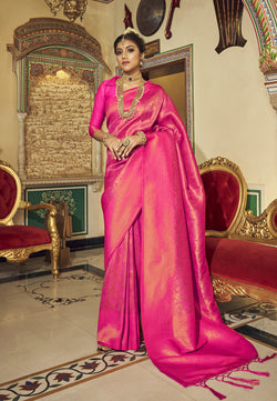 Pink Kanjivaram soft silk saree with Copper Zari