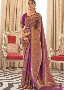Purple Kanjivaram silk saree zari woven and tassels pallu