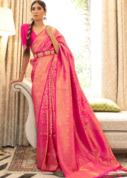 Pink Kanjivaram silk saree zari woven and tassels pallu