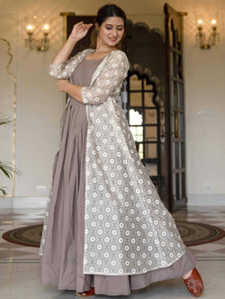 Grey Muslin Pleated Solid Anarkali Kurti with Long Off White Shrug