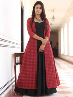 Black Muslin Pleated Solid Anarkali Kurti with Long Red Shrug