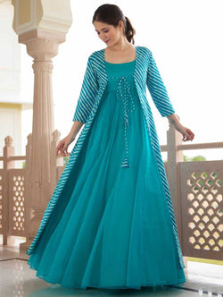 Turquoise Muslin Pleated Solid Anarkali Kurti with Long Turquoise Leheriya Shrug