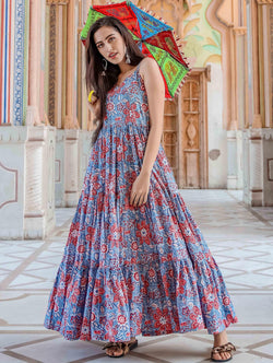 Blue Floral Print Muslin Anarkali Kurti