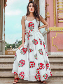 White coloured with Red Floral Print Muslin Anarkali Long Kurti