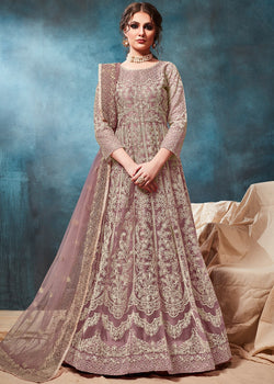 Net Embroidered Anarkali Salwar Suit In Mauve