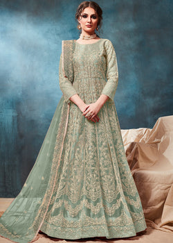 Net Embroidered Anarkali Salwar Suit In Light Green