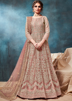 Net Embroidered Anarkali Salwar Suit In Peach