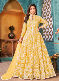 Yellow Designer Floor Length Cord Sequins Net Salwar Suit
