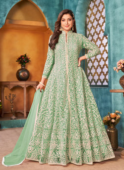 Green Designer Floor Length Cord Sequins Net Salwar Suit