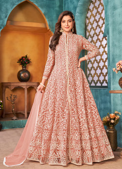Peach Designer Floor Length Cord Sequins Net Salwar Suit