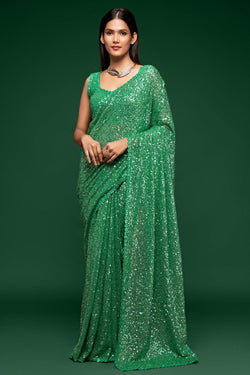 Green Sequins and Thread Embroidered Georgette Saree