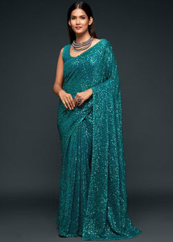 Teal Sequins and Thread Embroidered Georgette Saree