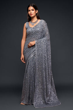 Grey Sequins and Thread Embroidered Georgette Saree