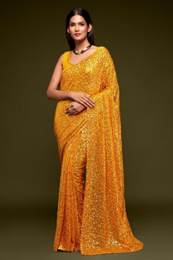 Yellow Sequins and Thread Embroidered Georgette Saree