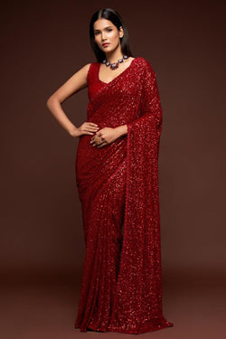 Maroon Sequins and Thread Embroidered Georgette Saree