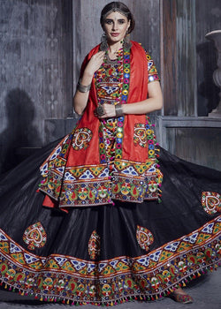 Black Cotton Navaratri Flared Lehenga Choli