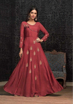 Rust coloured Muslin Heavy Thread Embroidered Gown