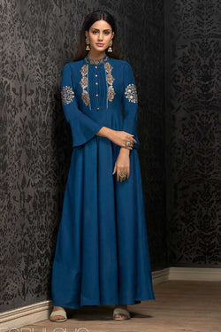 Blue Muslin Heavy Thread Embroidered Gown
